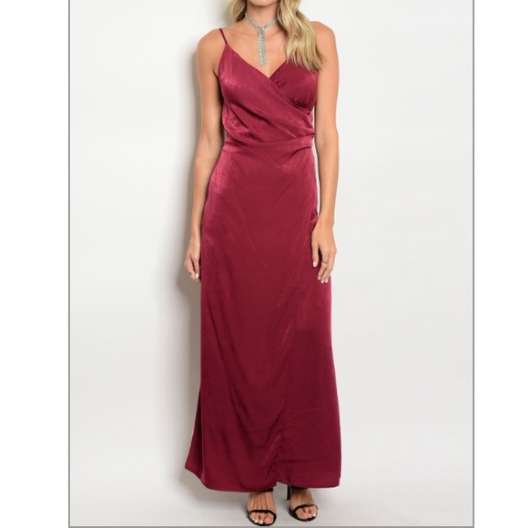 Trendy boutique Dresses & Skirts - Wine Spaghetti strap wrap front satin maxi dress.